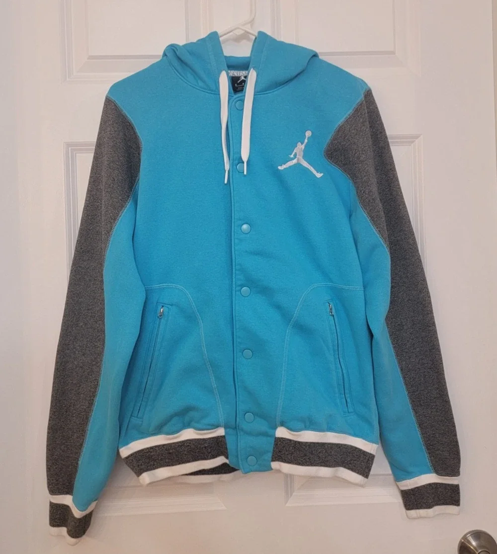 Jordan Jumpman Varsity Bomber Mens Hoodie Jacket Small Teal Blue Grey Snap Front